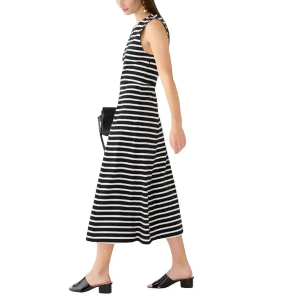 J. Crew Black Striped Cap Sleeve Cotton Knit Midi Dress